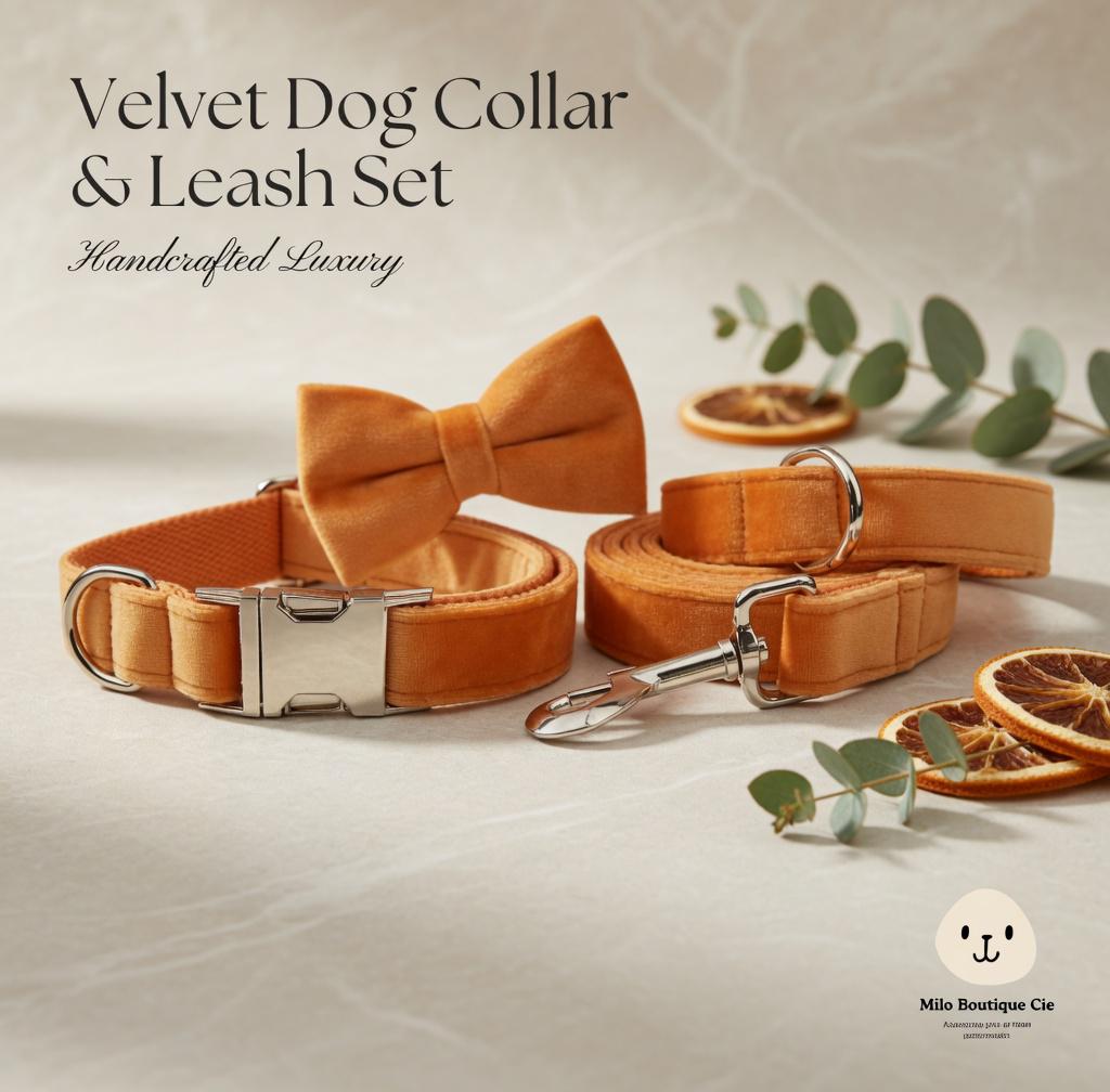 Ensemble Collier et Laisse Chien Velours Doré – Réglable et Élégant